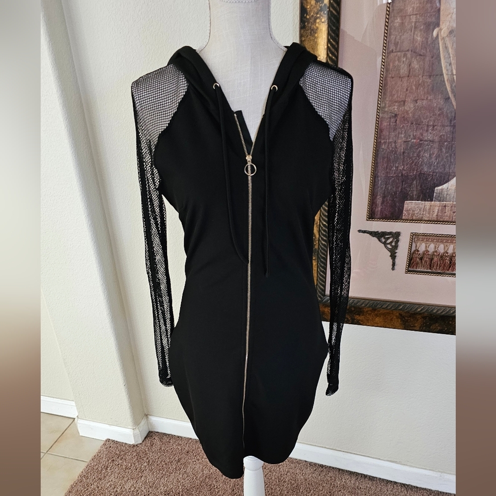 Black Mesh Sleeve Hoodie Dress